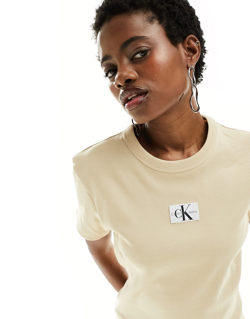 Calvin Klein Jeans woven label logo ribbed t-shirt in sand-Neutral