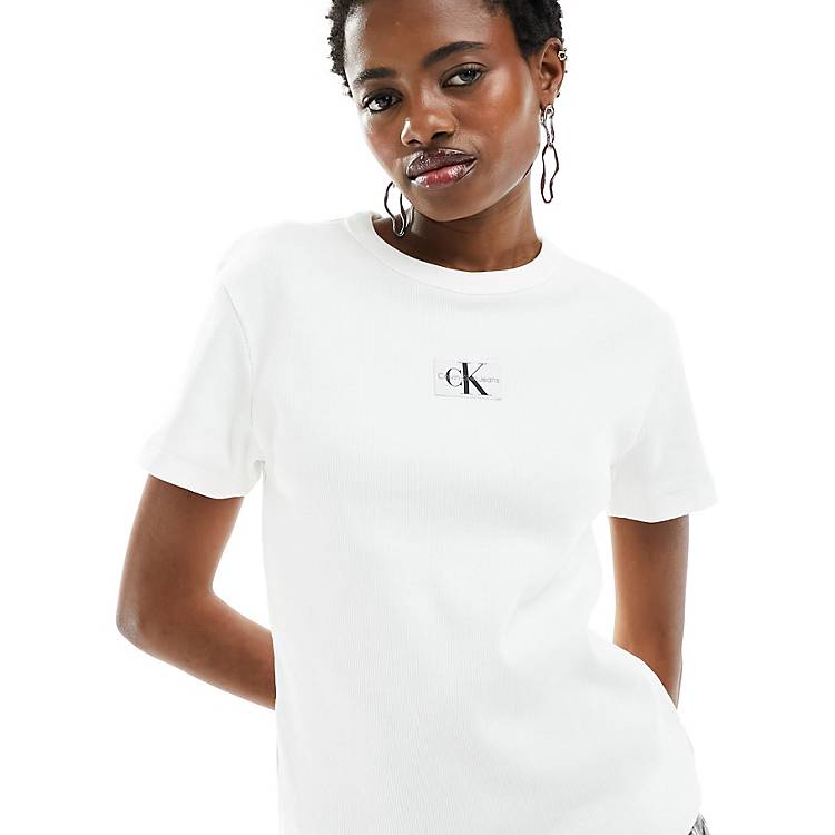 Calvin Klein Jeans woven label logo ribbed t-shirt in white | ASOS
