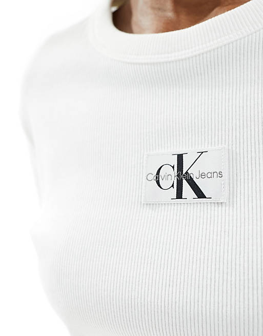 Calvin Klein Jeans woven label logo ribbed t-shirt in white | ASOS