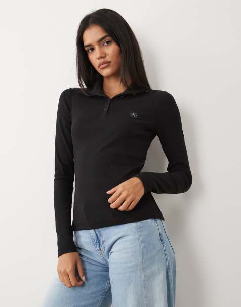 Calvin Klein Jeans woven label long sleeve high neck henley top in black - view 1