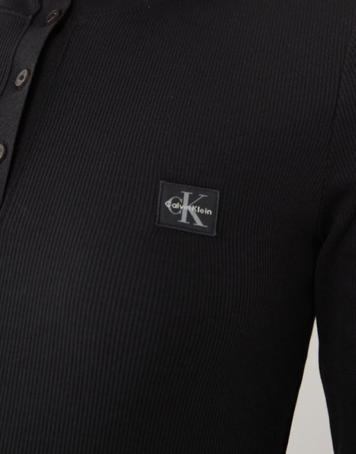 Calvin Klein Jeans woven label long sleeve high neck henley top in black, 2 of 4