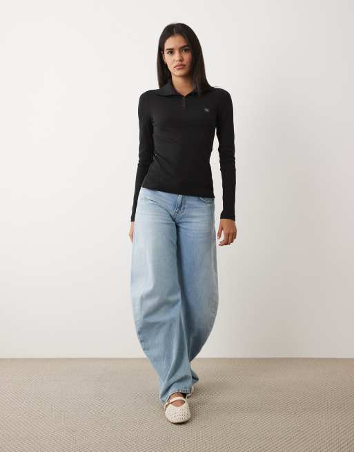 Calvin Klein Jeans woven label long sleeve high neck henley top in black, 3 of 4