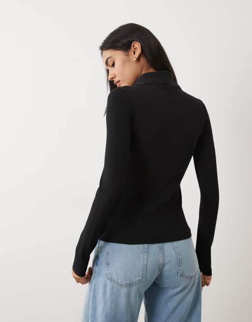 Calvin Klein Jeans woven label long sleeve high neck henley top in black, 4 of 4