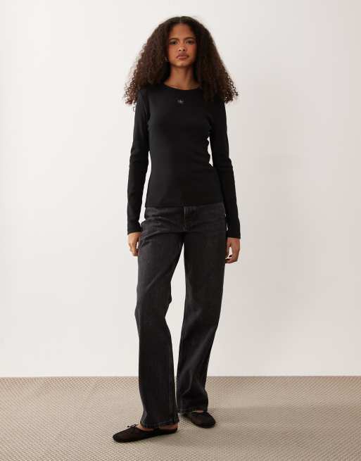 Calvin Klein Jeans woven label long sleeve top in black, 2 of 4