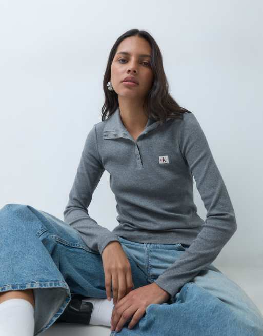 Calvin Klein Jeans Woven Label long sleeve turtle neck henley top in grey, 4 of 5