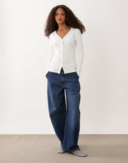 Calvin Klein Jeans woven label long sleeve v neck rib button top in white, 2 of 4