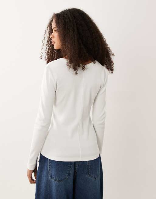 Calvin Klein Jeans woven label long sleeve v neck rib button top in white, 4 of 4