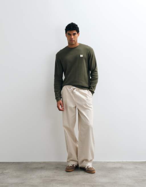 Calvin Klein Jeans woven label long sleeve waffle t-shirt in khaki, 2 of 5