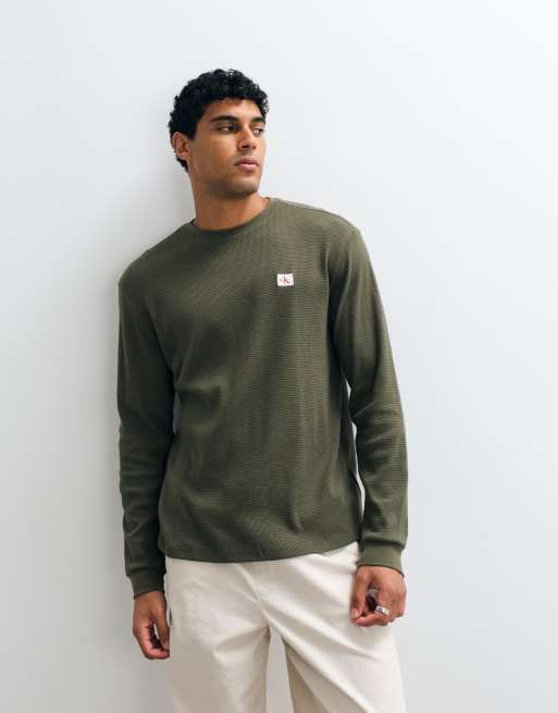 Calvin Klein Jeans woven label long sleeve waffle t-shirt in khaki, 4 of 5