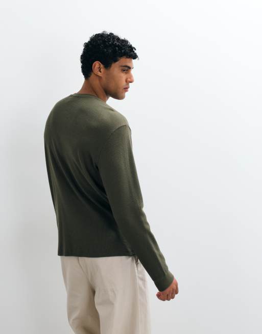Calvin Klein Jeans woven label long sleeve waffle t-shirt in khaki, 5 of 5