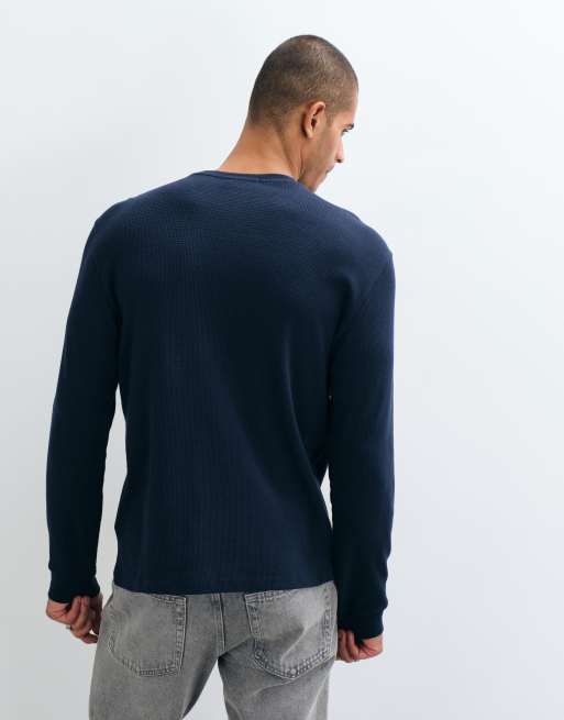 Calvin Klein Jeans woven label long sleeve waffle t-shirt in navy blue, 2 of 5