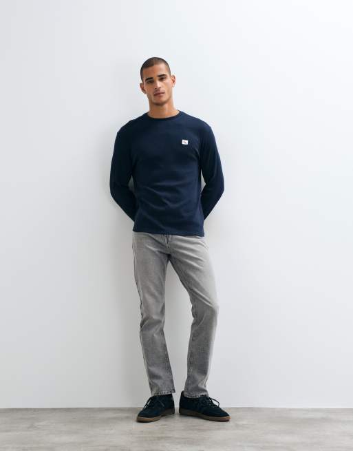 Calvin Klein Jeans woven label long sleeve waffle t-shirt in navy blue, 3 of 5