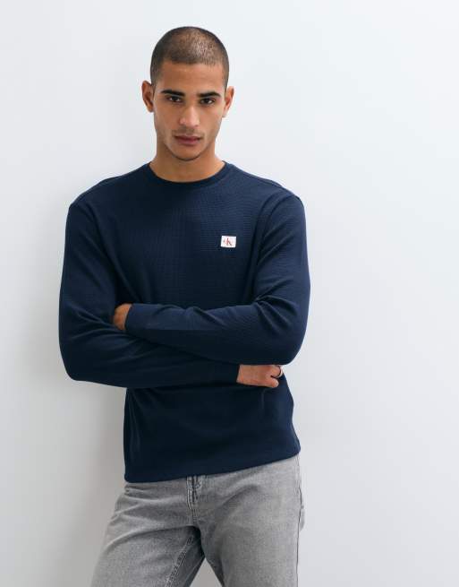 Calvin Klein Jeans woven label long sleeve waffle t-shirt in navy blue, 4 of 5