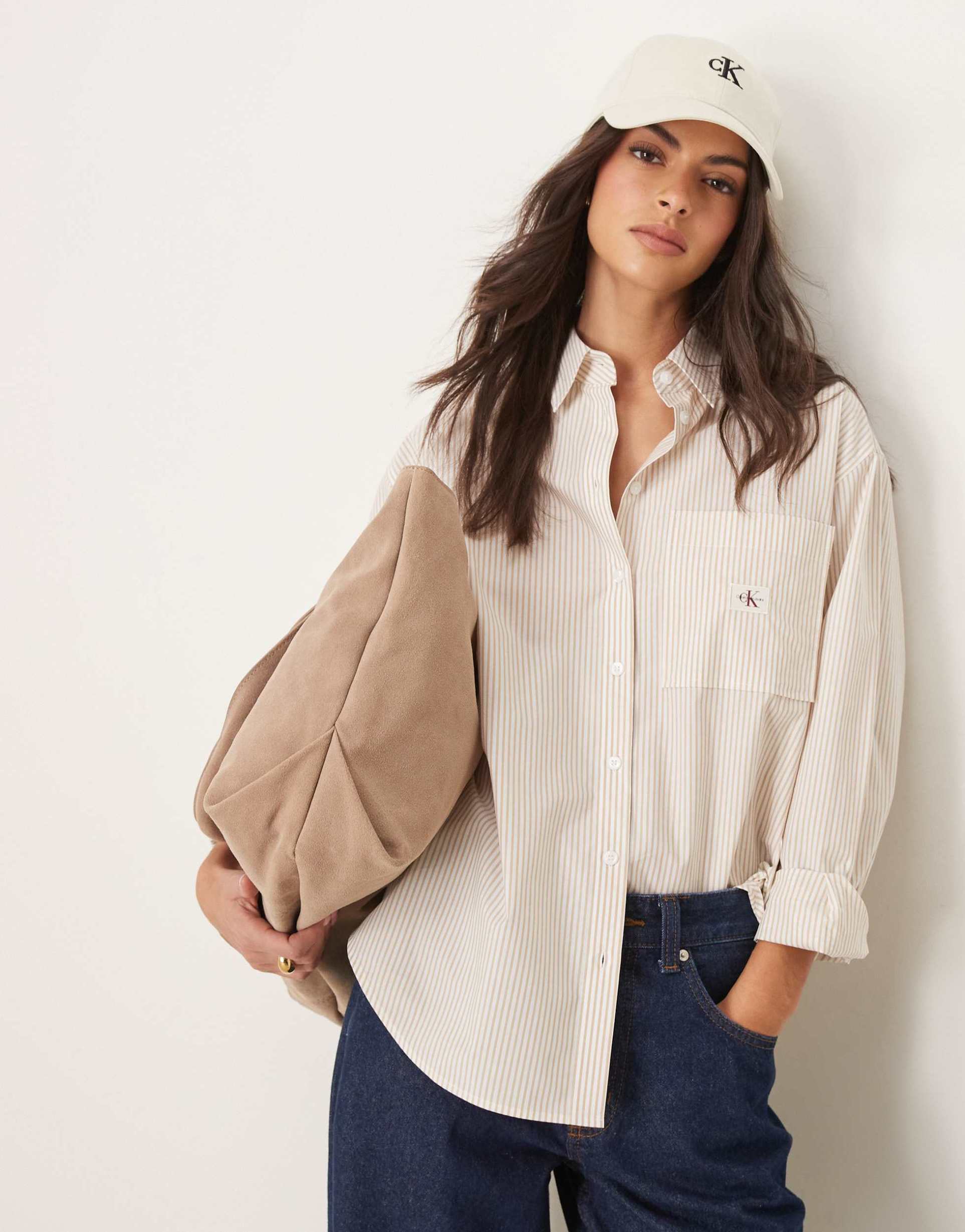 calvin klein jeans woven label relaxed shirt in white and beige stripe