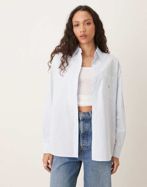 Calvin Klein Jeans woven label relaxed shirt in white and blue stripe - view 1
