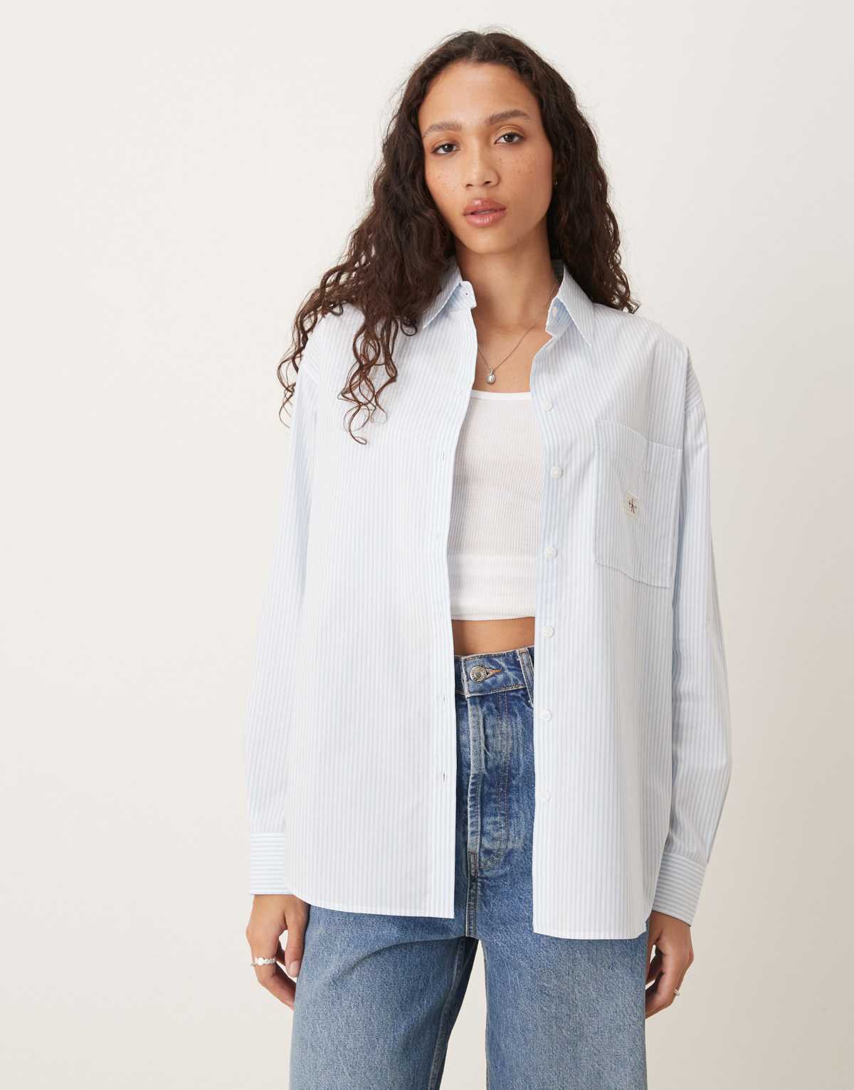 Calvin Klein Jeans woven label relaxed shirt in white and blue stripe