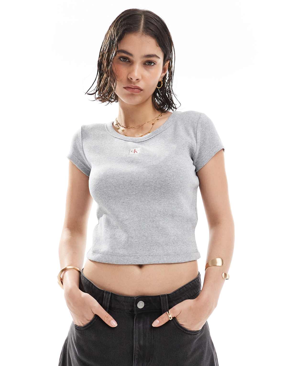 Calvin Klein Jeans woven label rib baby t-shirt in grey