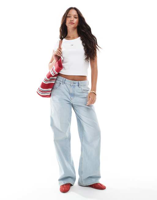 【 】 Women's Woven Label Rib Baby T-Shirt Calvin Klein Jeans woven label ribbed baby T-shirt in gray
