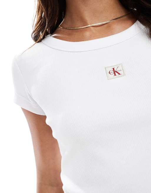 【 】 Women's Woven Label Rib Baby T-Shirt white T-shirt WOVEN LABEL RIB BABY TEE Calvin Klein, Long