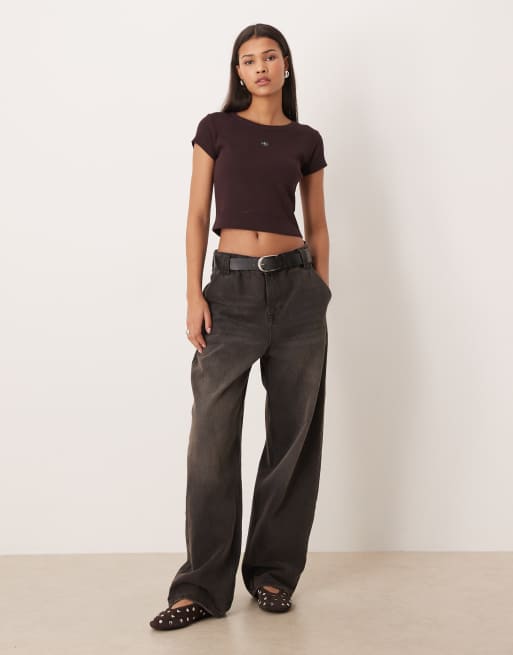 Calvin Klein Jeans woven label rib baby tee in brown, 2 of 4