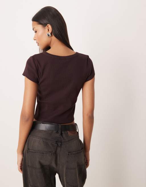 Calvin Klein Jeans woven label rib baby tee in brown, 4 of 4