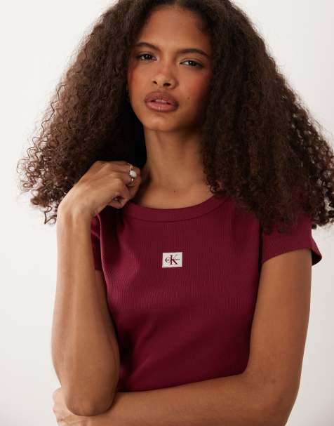 Calvin Klein Jeans woven label rib baby tee in burgundy - view 1