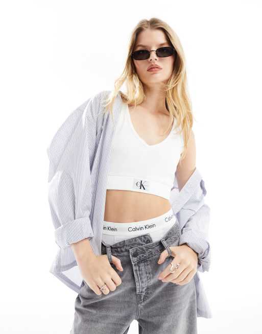 Calvin Klein Jeans woven label rib crop v-neck top in white