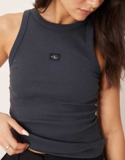 Calvin Klein Jeans woven label rib tank top in charcoal