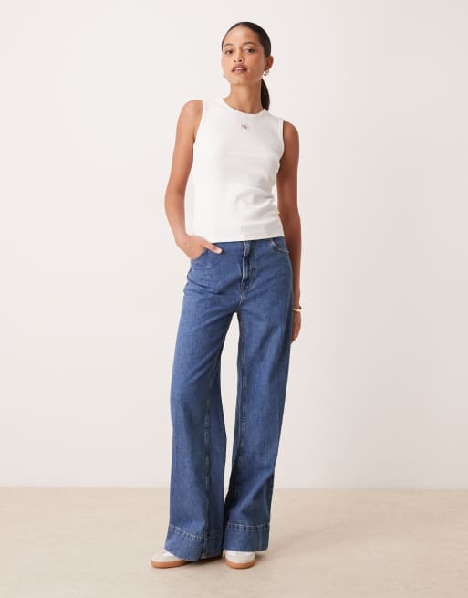 Calvin Klein Jeans Woven Label rib tank top with cutout back in white, 2 of 4