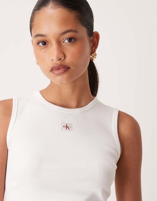 Calvin Klein Jeans Woven Label rib tank top with cutout back in white, 3 of 4