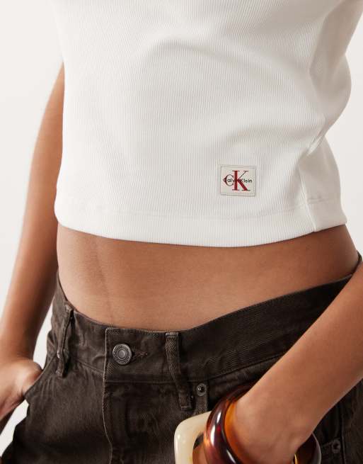 Calvin Klein Jeans woven label rib v neck top in white, 3 of 4