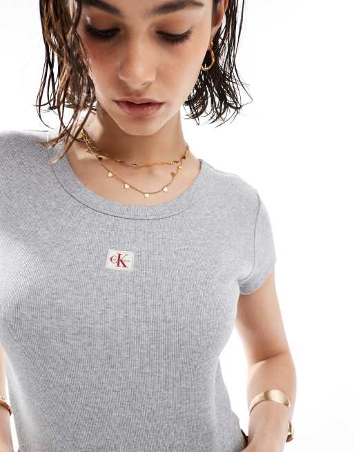 【 】 Women's Woven Label Rib Baby T-Shirt Calvin Klein Jeans woven label rib baby t-shirt in white | ASOS