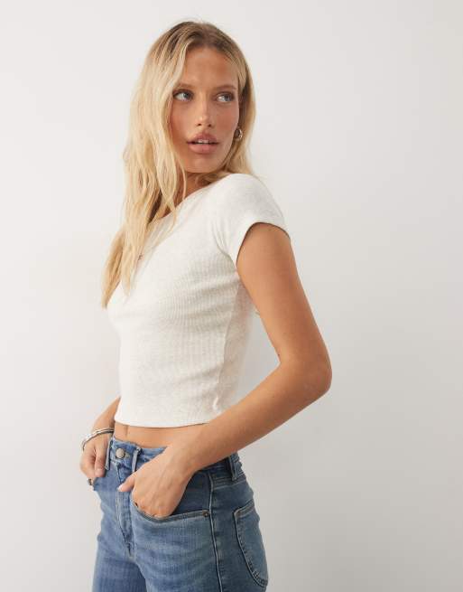 Calvin Klein Jeans woven label ribbed baby tee t-shirt in light grey, 3 of 4