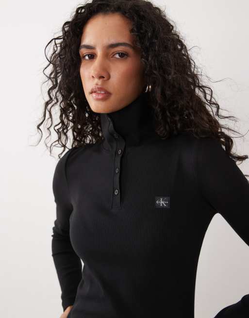 Calvin Klein Jeans Woven Label robe courte Henley à col roulé et manches longues noire, 3 de 4