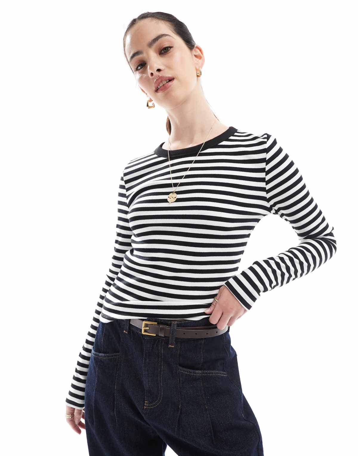 Calvin Klein Jeans woven label stripe long sleeve rib t-shirt in white & black