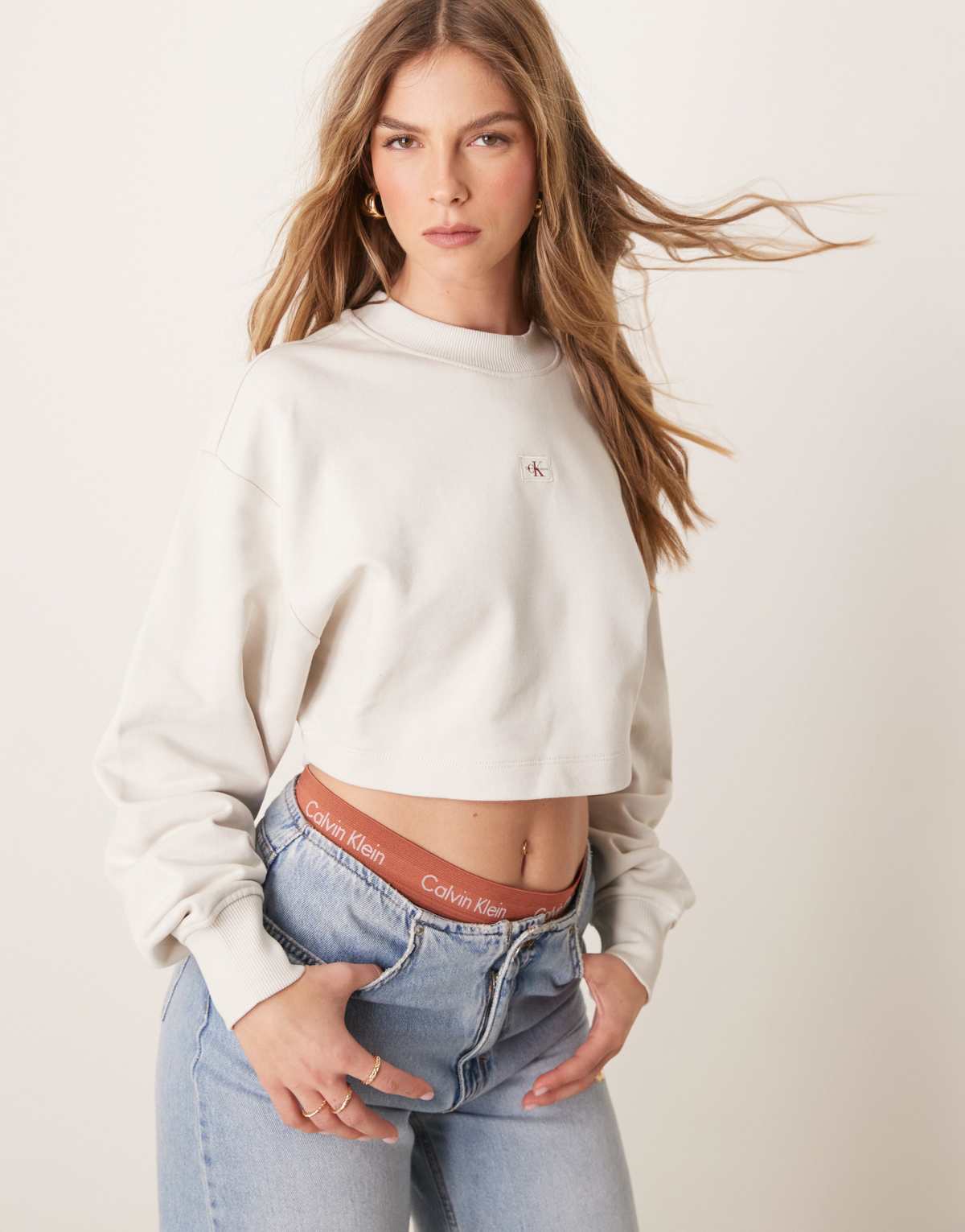 Calvin Klein Jeans woven label sweatshirt in off white
