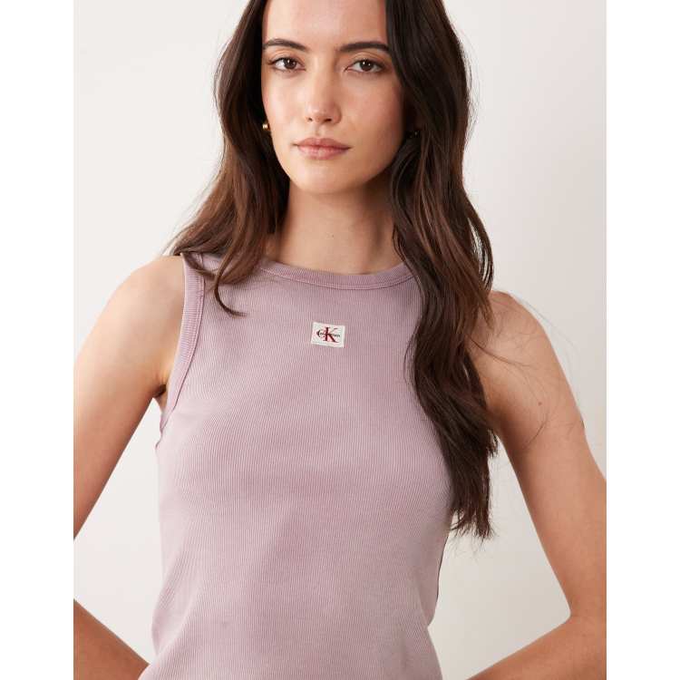 トップス   Woven Label Tank Calvin Klein Jeans woven label tank top in washed mauve | ASOS