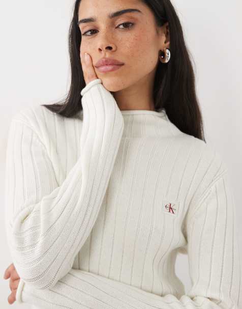 Calvin Klein Jeans woven label turtle neck jumper with frill edge in off-white - view 1