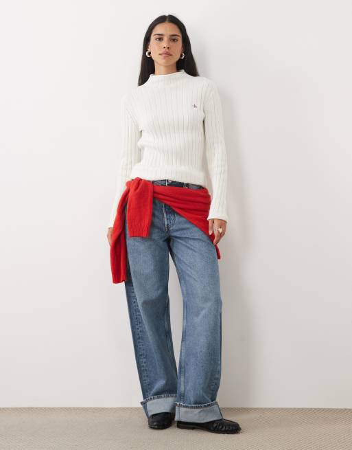Calvin Klein Jeans woven label turtle neck jumper with frill edge in off-white, 4 of 5
