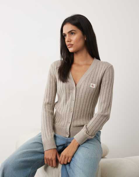 Calvin Klein Jeans woven label v neck rib cardigan in oatmeal - view 1