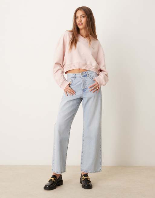 Calvin Klein Jeans woven label v-neck sweatshirt in pink | ASOS