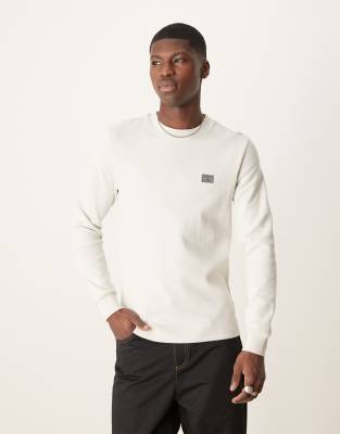 woven label waffle knit long sleeve top in off white-Neutral