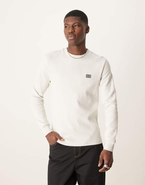 Calvin Klein Jeans woven label waffle long sleeve top in off white - view 1