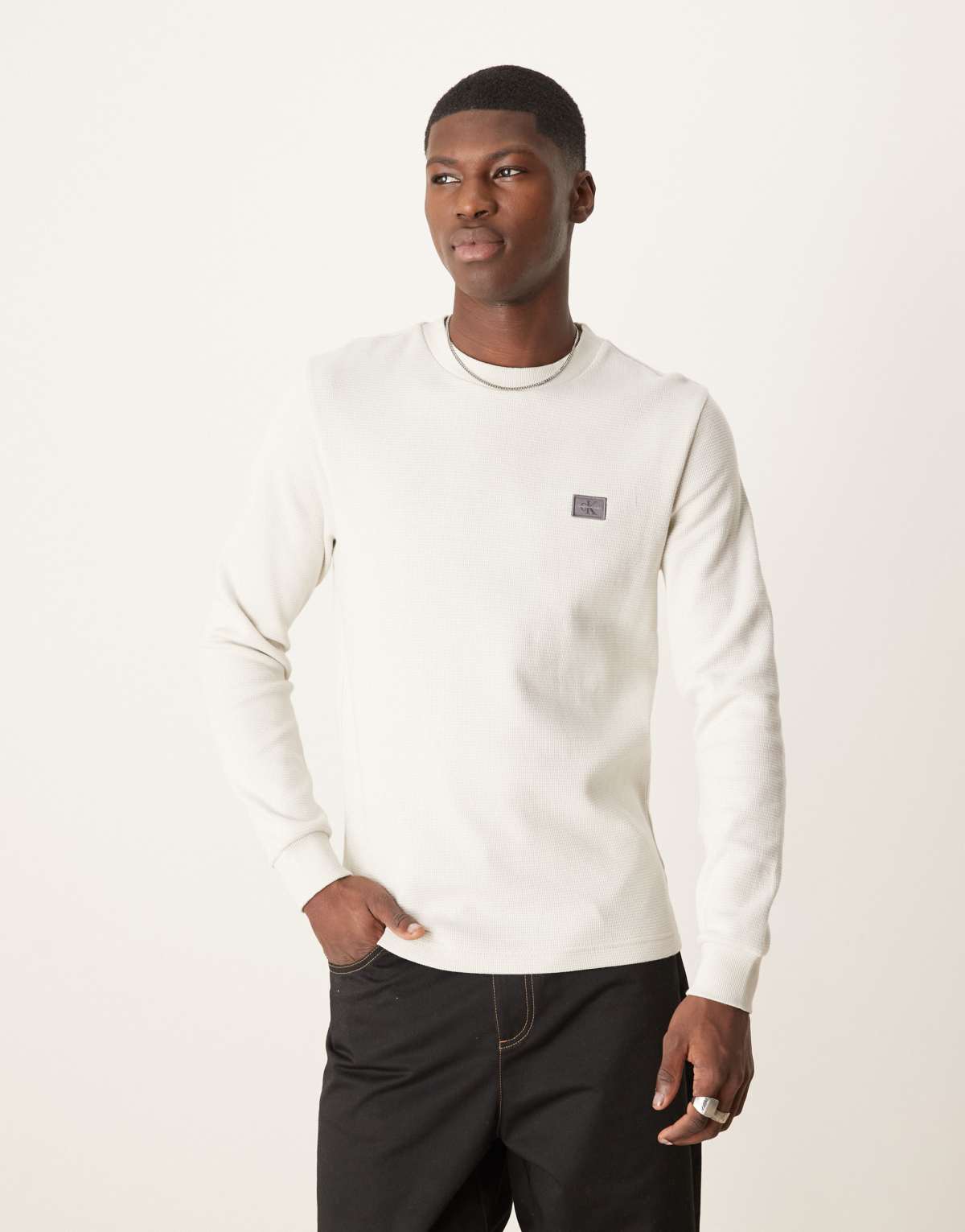 Calvin Klein Jeans woven label waffle long sleeve top in off white