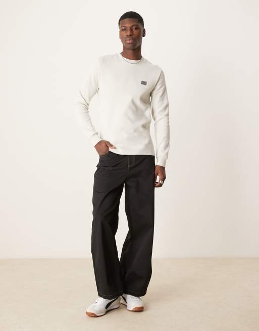 Calvin Klein Jeans woven label waffle long sleeve top in off white, 4 of 4
