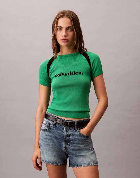 Calvin Klein Jeans sporty knitted top in green and black