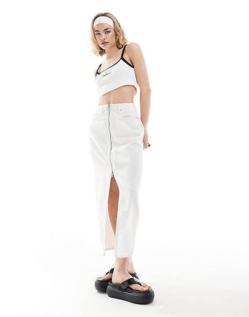 Calvin Klein Jeans zip detail denim maxi skirt in white wash - ASOS ...