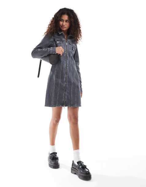 Calvin Klein Jeans zip through denim mini dress in grey - view 1