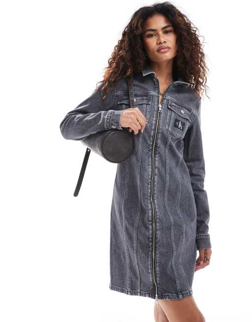Calvin Klein Jeans zip through denim mini dress in grey ASOS