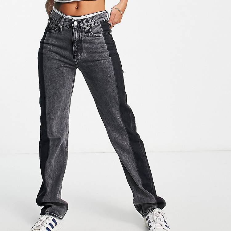Calvin Klein Jeans – Zweifarbige Jeans mit hoher Taille und geradem Bein in  Schwarz | ASOS